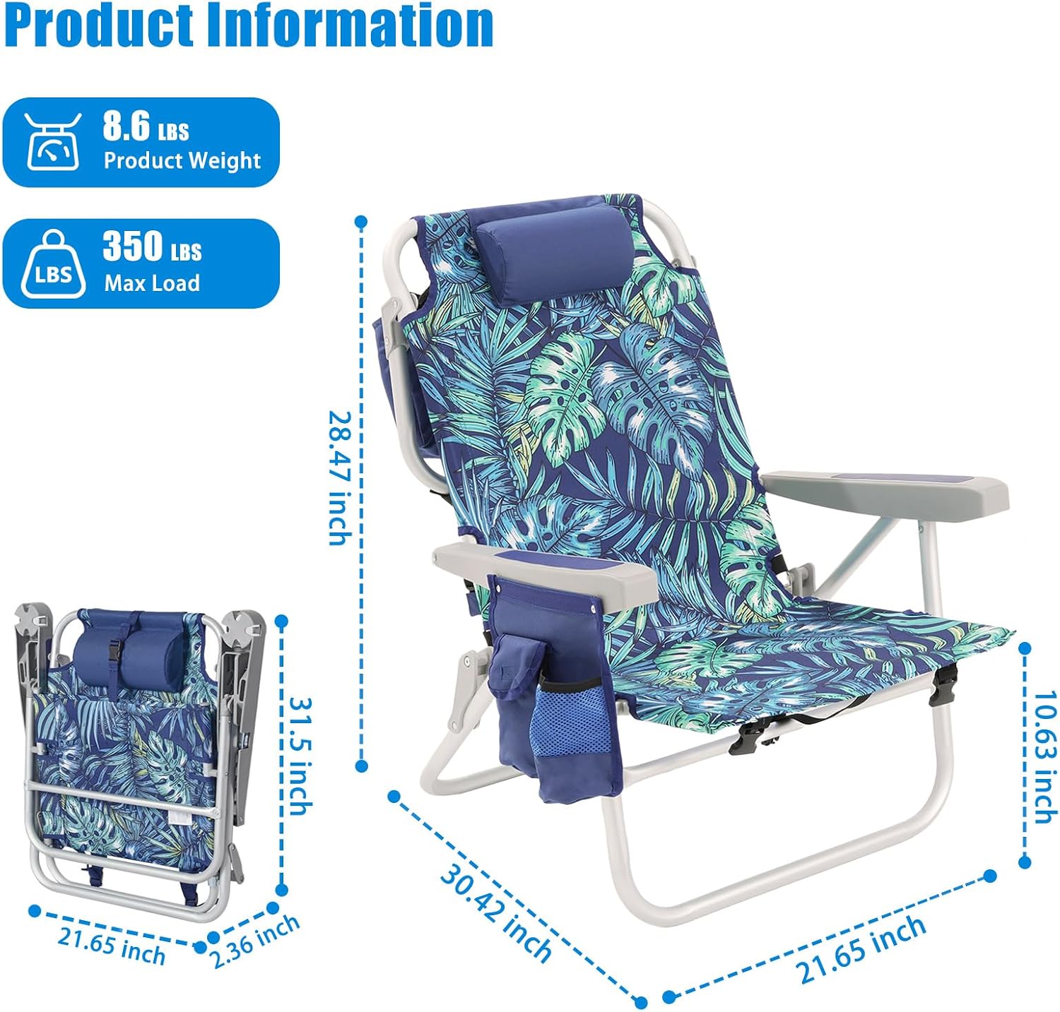 Low-profile beach chairs (set of 2) — Portable, foldable, backpack-style design
