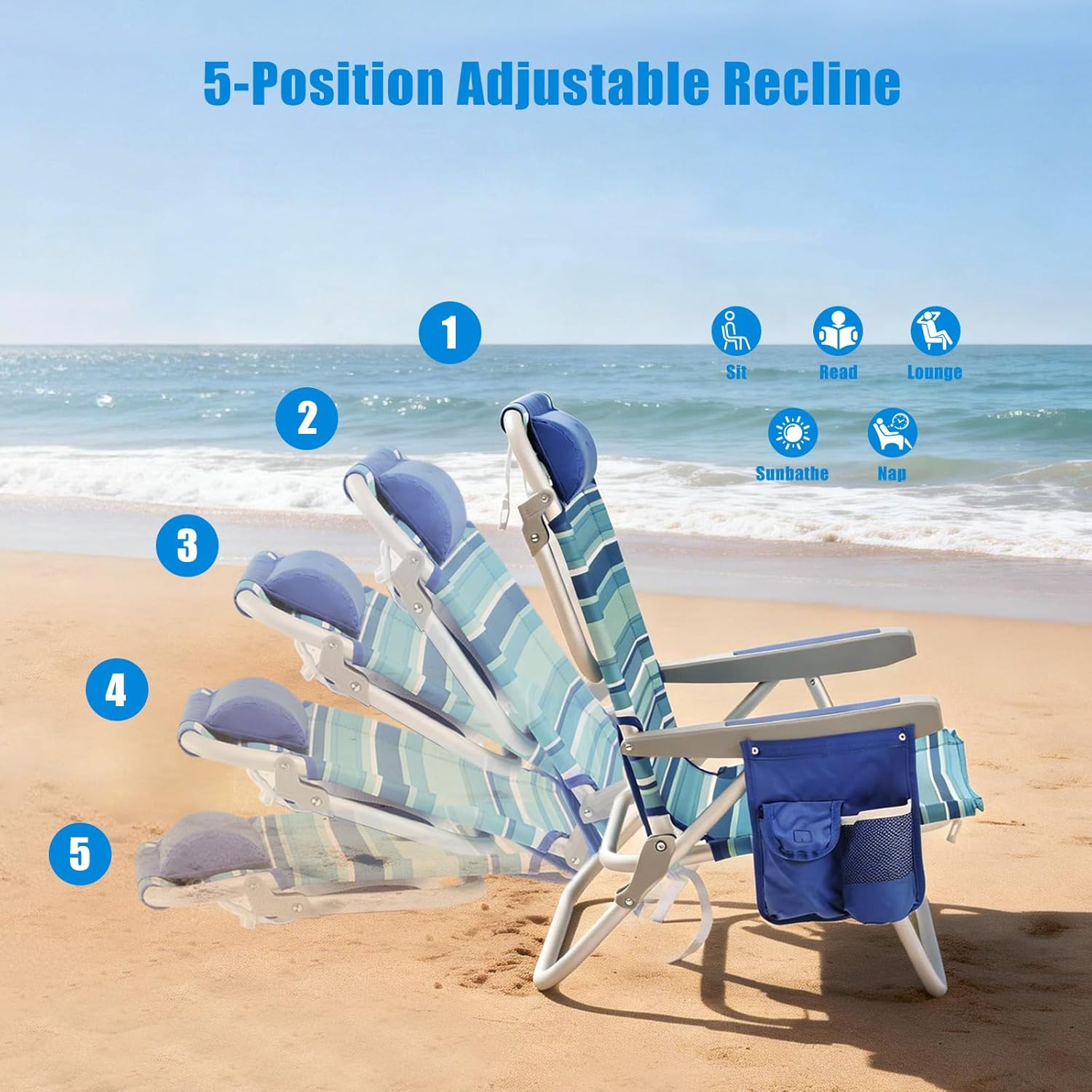 SUNNYFEEL Low-Profile Beach Chairs (Set of 2) — High load capacity; features an insulated cooler bag and cup holder; suitable for outdoor use, lawns, picnics, and fishing.