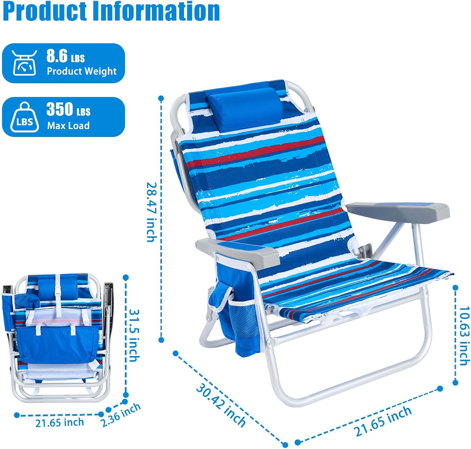 SUNNYFEEL Low-Profile Beach Chairs (Set of 2) — High load capacity; features an insulated cooler bag and cup holder; suitable for outdoor use, lawns, picnics, and fishing.
