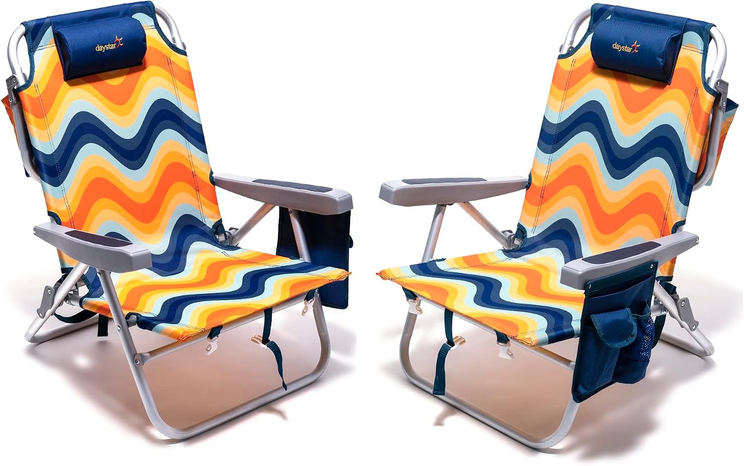 Low-profile beach chairs (set of 2) — 5-position adjustable (including lay-flat mode)