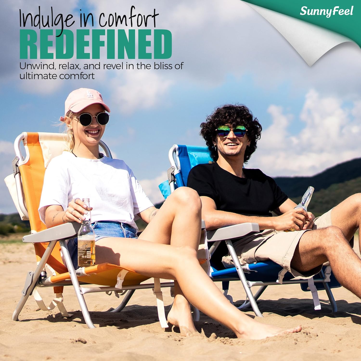 SUNNYFEEL Low-Profile Beach Chairs (Set of 2) — High load capacity; features an insulated cooler bag and cup holder; suitable for outdoor use, lawns, picnics, and fishing.