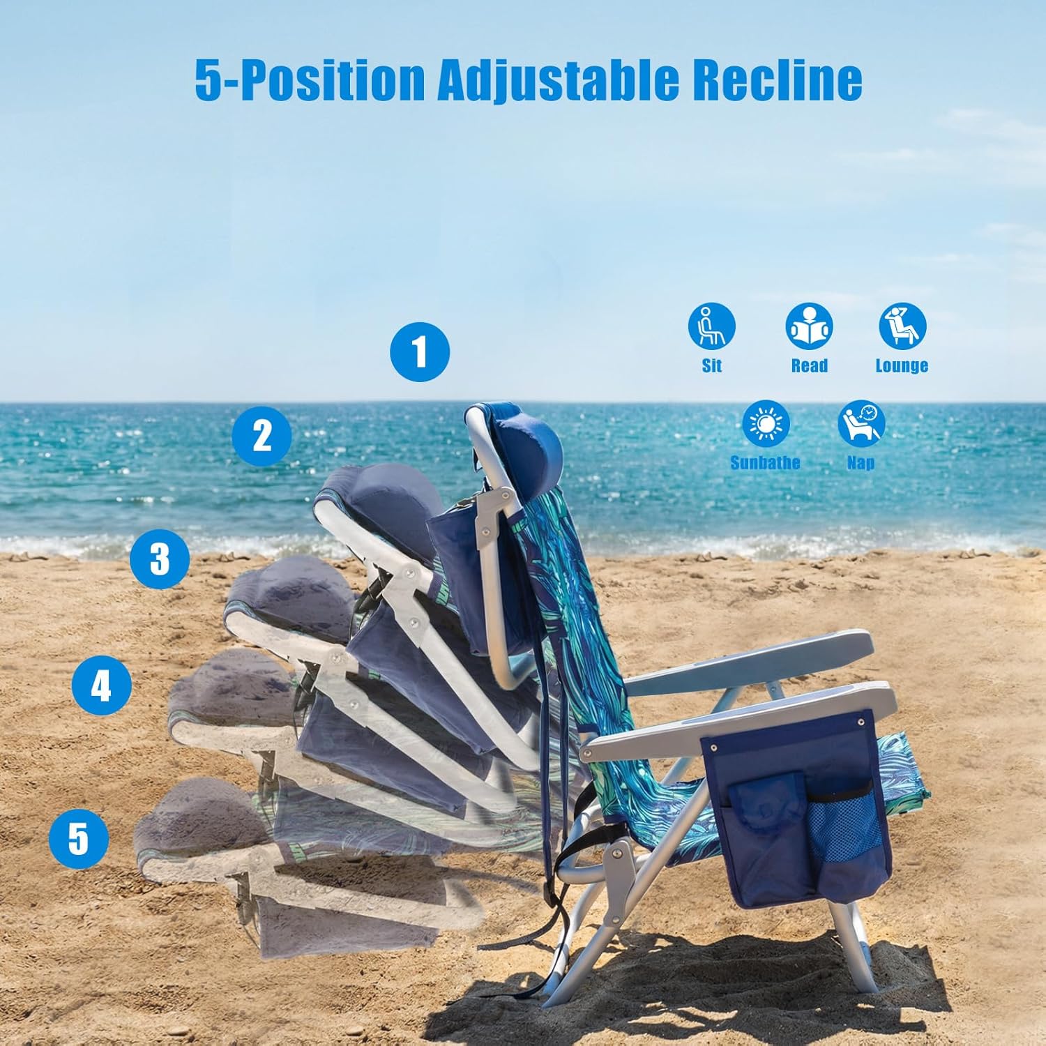 Low-profile beach chairs (set of 2) — Portable, foldable, backpack-style design
