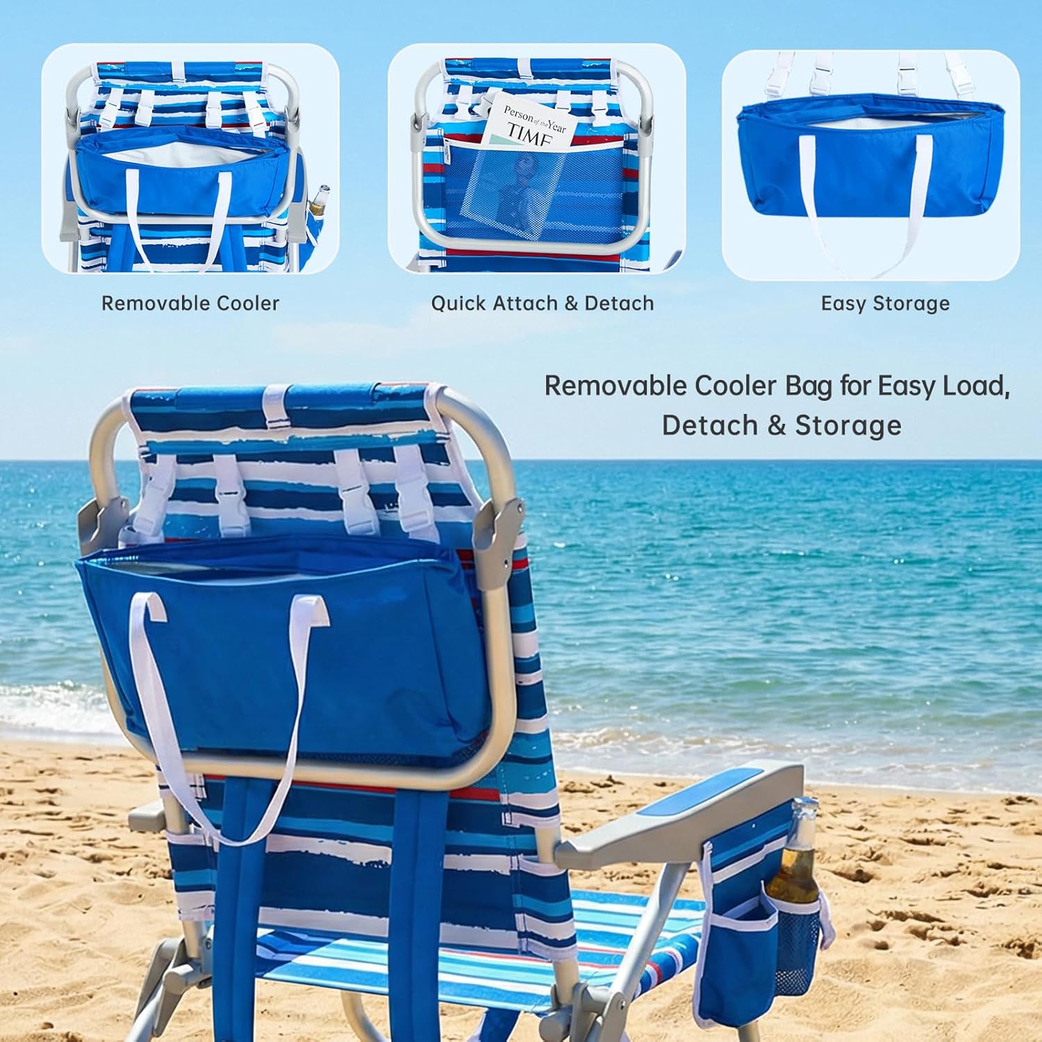 SUNNYFEEL Low-Profile Beach Chairs (Set of 2) — High load capacity; features an insulated cooler bag and cup holder; suitable for outdoor use, lawns, picnics, and fishing.